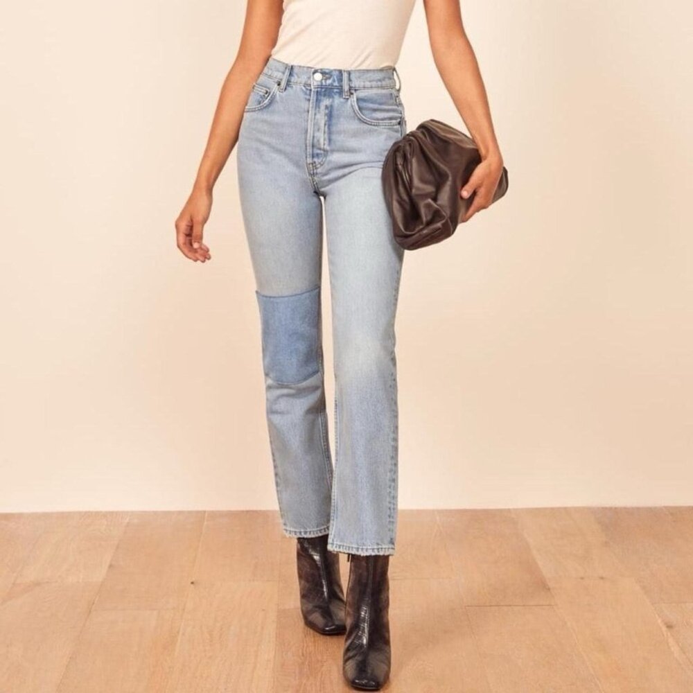Reformation Cynthia High Rise Straight Leg Patch Jeans Tahoe Light Wash 26 - Picture 1 of 16